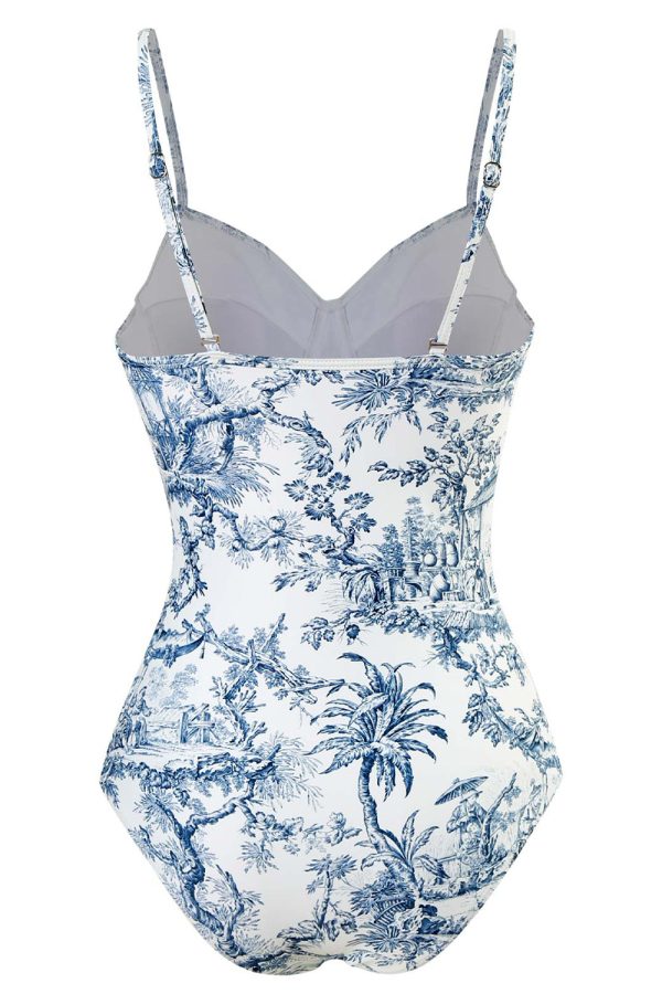 Blue Printed High Waist One Piece Swimwear For Cheap