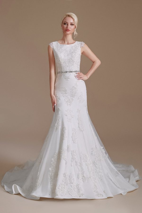 White Mermaid Cap Sleeves Bridal Dress with Lace For Cheap