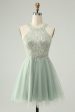 Dusty Green Halter Sequins A Line Homecoming Dress Supply