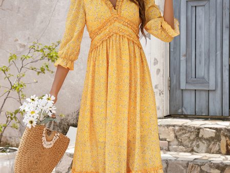 Yellow Long Sleeves Floral Boho Maxi Dress For Discount