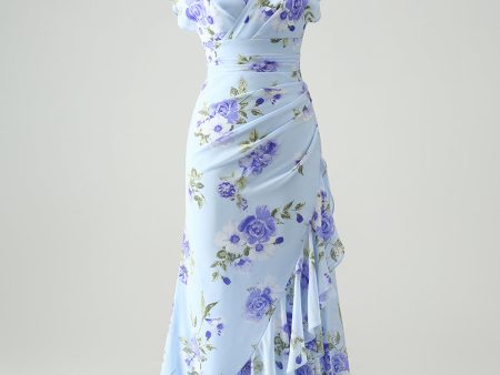 Blue Floral A Line Ruffles Asymmetrical Wedding Guest Dress Online