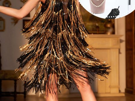 Sparkly Black and Golden Sequin Fringed 1920s Dress with Accessories Set Sale