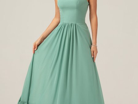 A Line Eucalyptus Chiffon Long Bridesmaid Dress with Pleated Cheap