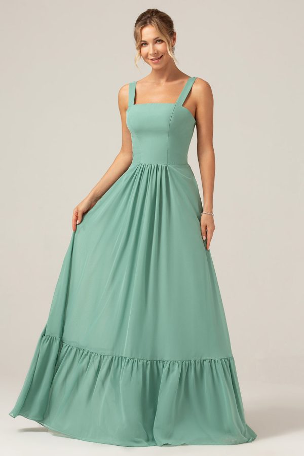 A Line Eucalyptus Chiffon Long Bridesmaid Dress with Pleated Cheap