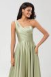 One Shoulder Satin Green Bridesmaid Dress with Pockets Online Sale