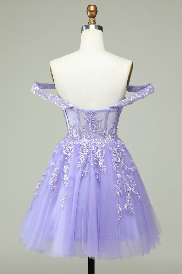 A Line Off the Shoulder Lilac Corset Homecoming Dress with Appliques Cheap