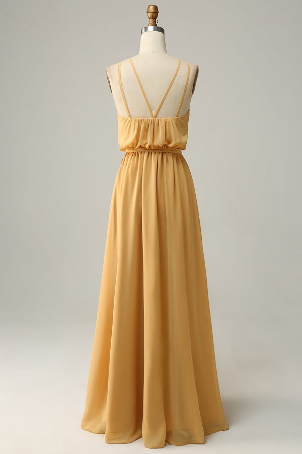 A Line Halter Yellow Long Bridesmaid Dress with Bowknot Cheap