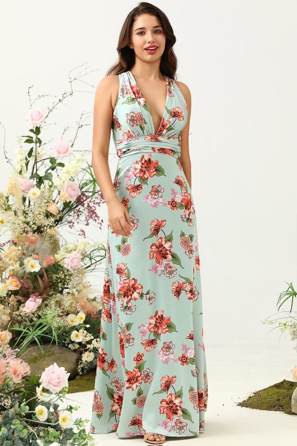 A Line Deep V Neck Green Printed Long Bridesmaid Dress Online Sale