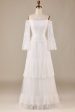 A Line Off the Shoulder Ivory Sweep Train Flare Sleeves Wedding Dress on Sale