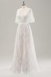 White A Line Sweetheart Lace Long Wedding Dress with Short Sleeves For Cheap