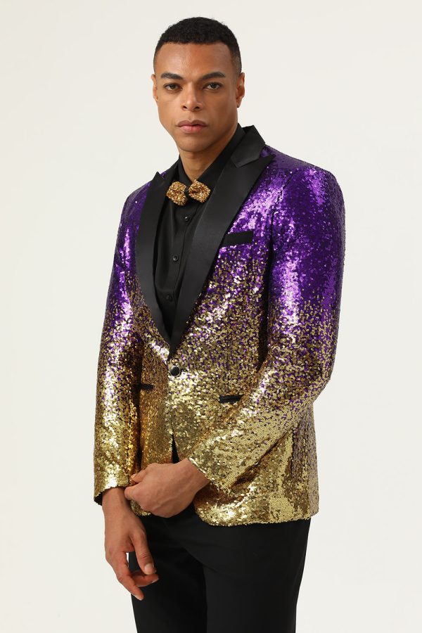 Sparkly Purple and Golden Sequins Men s Prom Blazer Fashion