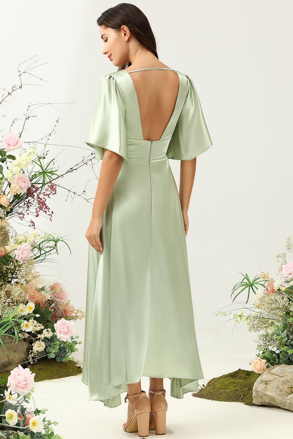 A Line Deep V Neck Light Green Wedding Guest Dress with Half Sleeves Online now