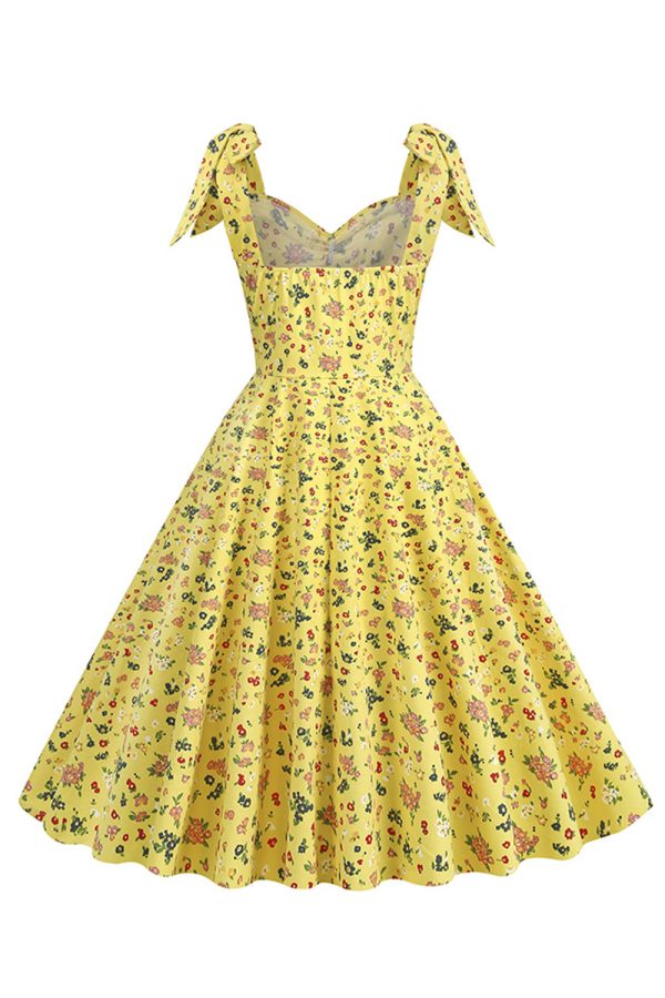 Yellow Printed Sleeveless Straps Vintage Dress Supply