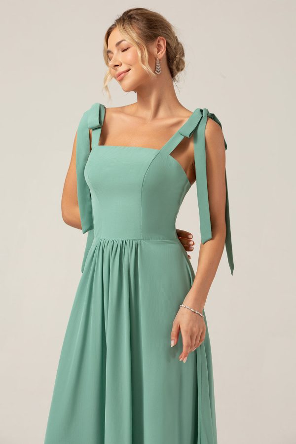 A Line Eucalyptus Chiffon Long Bridesmaid Dress with Pleated Cheap