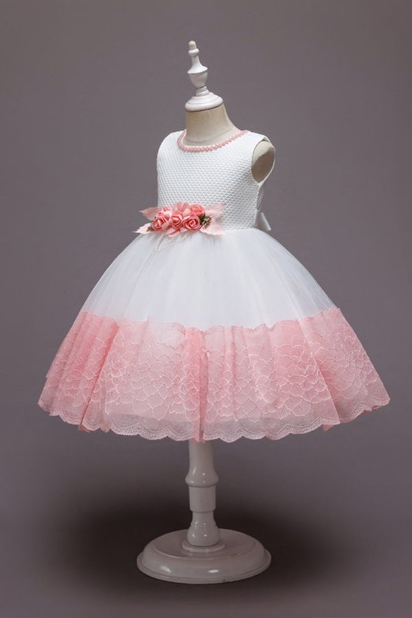 Pink Sleeveless Flower Tulle Girls  Dress With Bow Online Sale