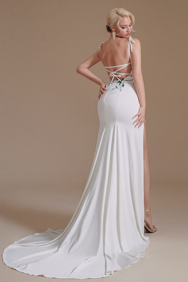 White Mermaid Backless Sweep Train Wedding Dress with Appliques on Sale