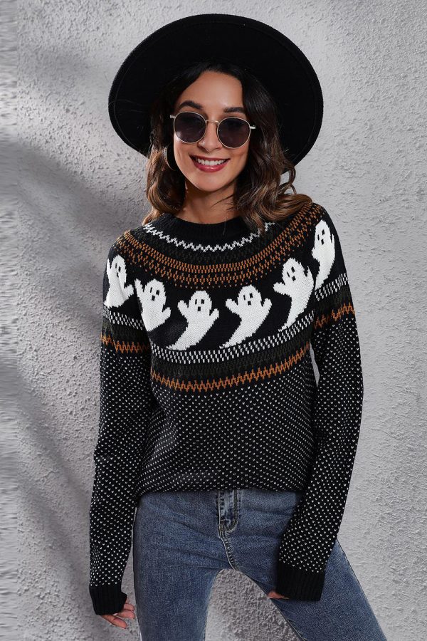 Halloween Ghost Long Sleeve Knitted Sweater For Discount