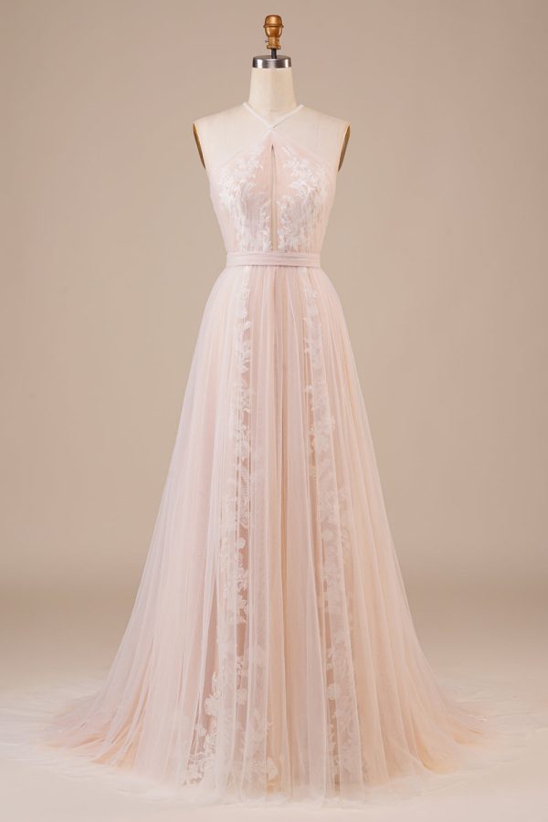 Tulle Halter Keyhole Champagne Wedding Dress with Appliques Fashion