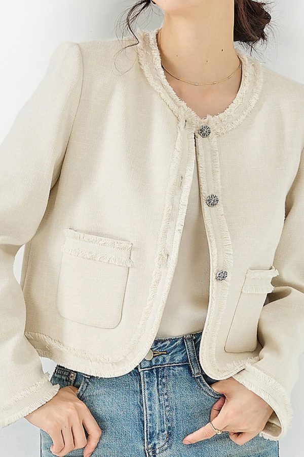 OffWhite Tweed Cropped Fringed Women Jacket For Cheap