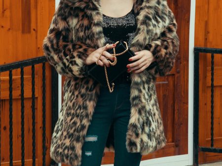 Brown Leopard Lapel Neck Midi Faux Fur Shearling Coat Supply