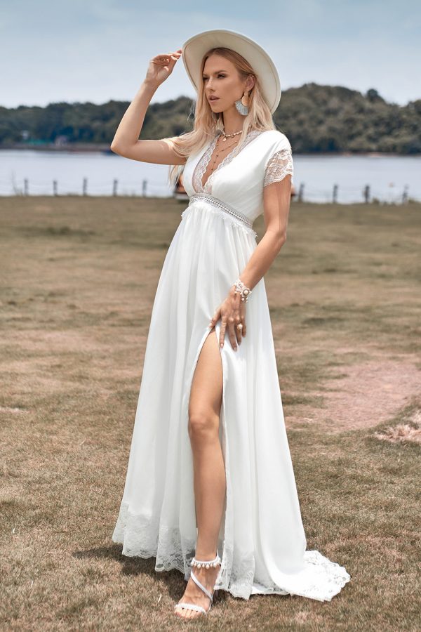 Deep V-neck Simple Boho Wedding Dress with Slit Online