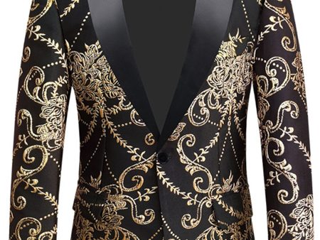 Black Golden Notched Lapel Jacquard Men s Blazer Online Sale