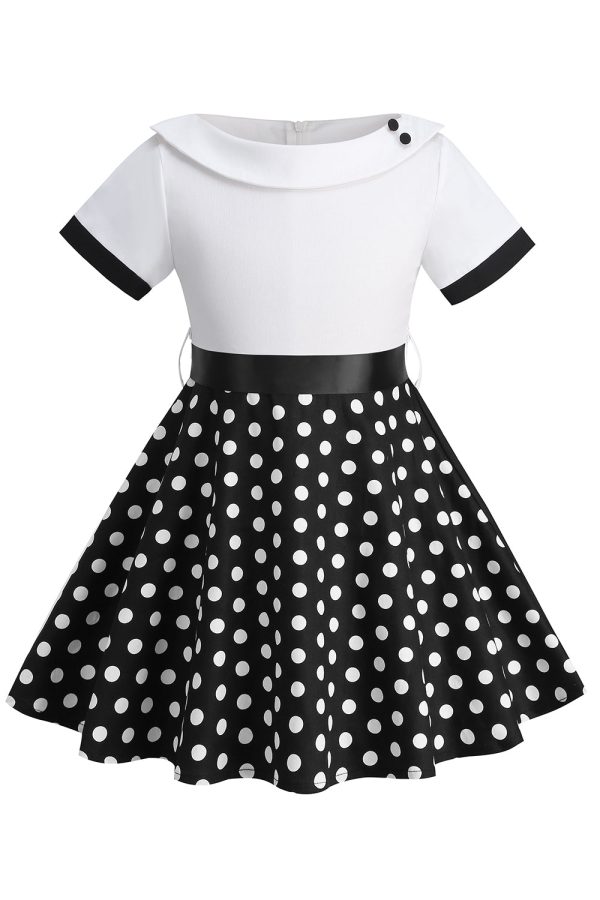 Bateau Neck Polka Dots White Vintage Girl Dresses on Sale