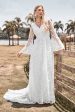 Beauty A Line V Neck Ivory Lace Flare Sleeves Wedding Dress on Sale