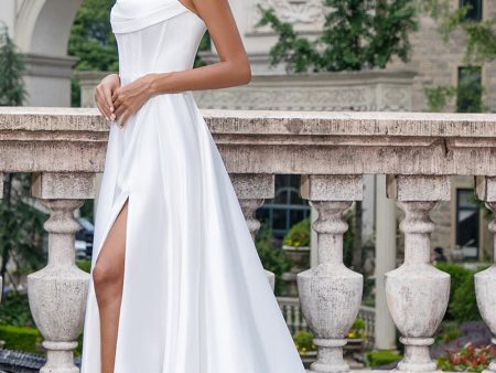 Elegant White A Line Strapless Pleated Sweep Train Corset Wedding Dress With Slit For Cheap