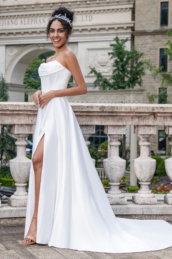 Elegant White A Line Strapless Pleated Sweep Train Corset Wedding Dress With Slit For Cheap