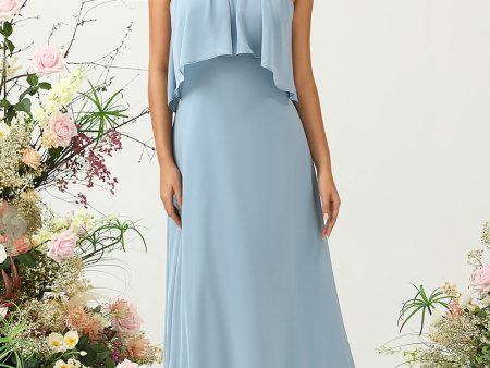 A Line Halter Neck Blue Long Bridesmaid Dress For Cheap