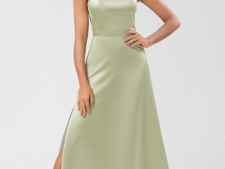 Satin Green Bridesmaid Dress with Lace-up Back For Discount