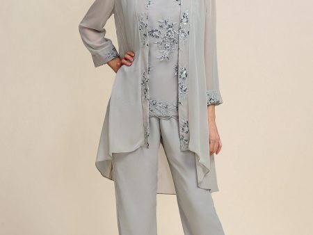 Zapaka Women Grey 3 Piece Mother of the Bride Pant Suits with Lace For Discount