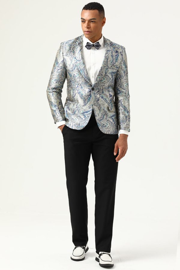 Silver and Blue Jacquard Notched Lapel Men s Prom Blazer Cheap