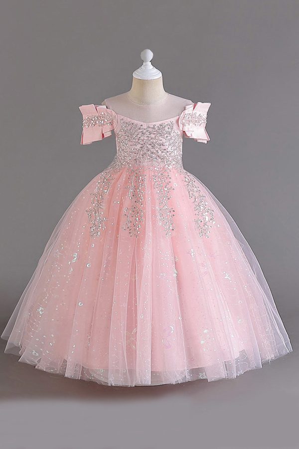 Pink Off the Shoulder A Line Flower Girl Dress with Bow Discount