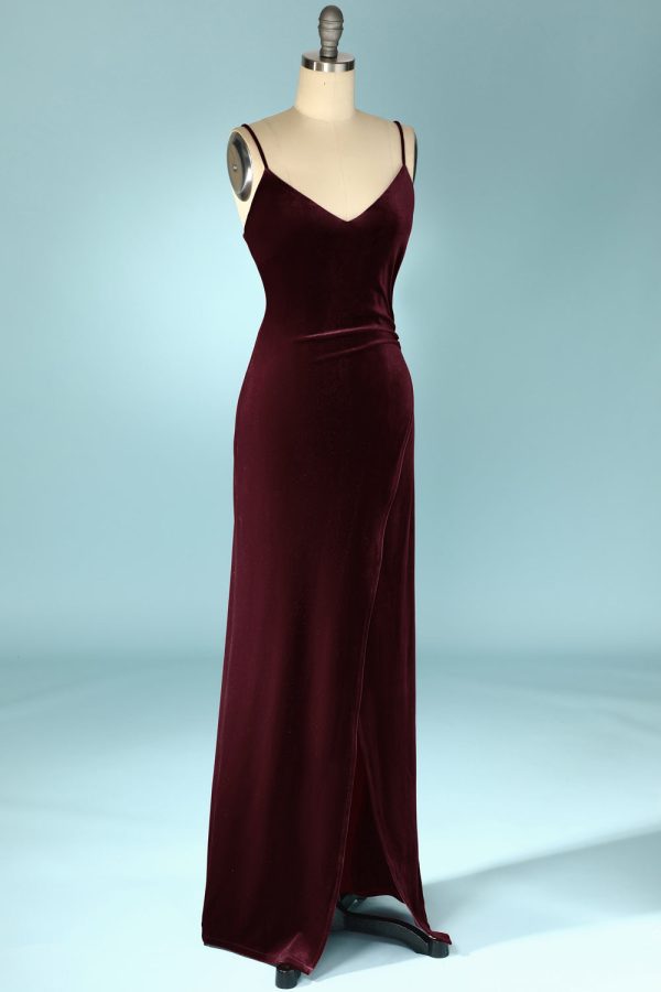 Burgundy Velvet Evening Prom Dress For Discount