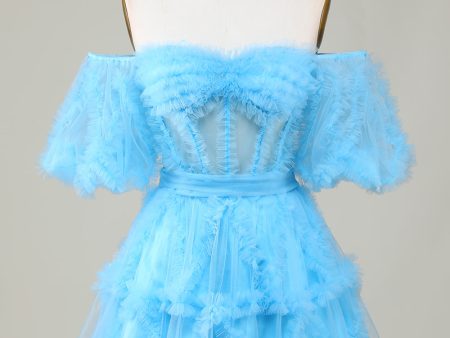 Cute A line Blue Tulle Off The Shoulder Short Homecoming Dress Online