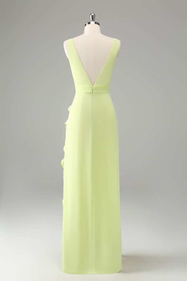 Lemon Deep V Neck Ruffles Wedding Guest Dress with Slit Fashion