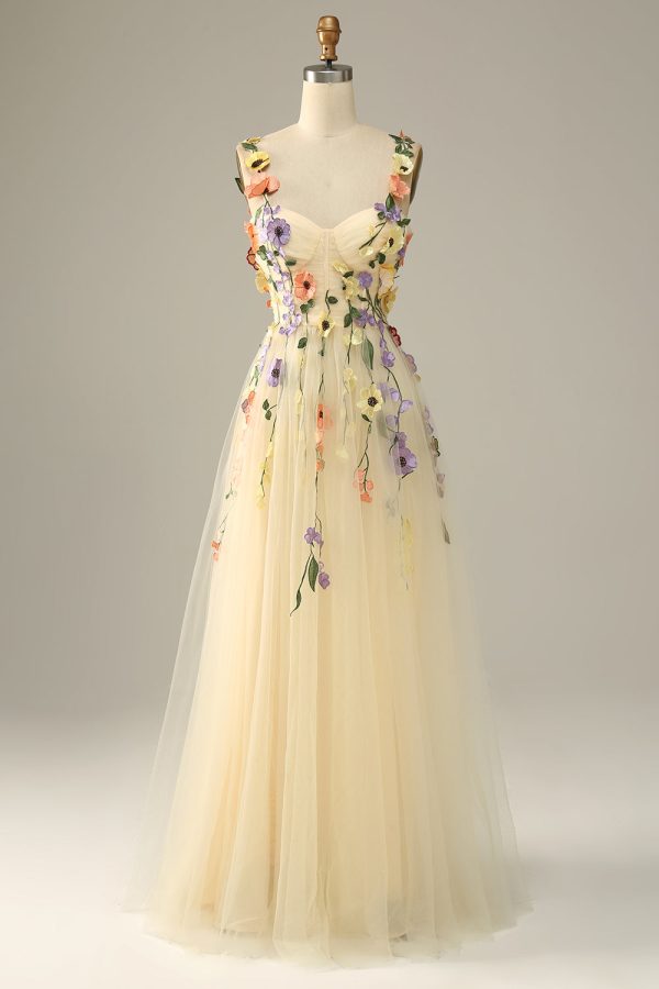 A Line Champagne Spaghetti Straps Prom Dress With 3D Flowers Sale