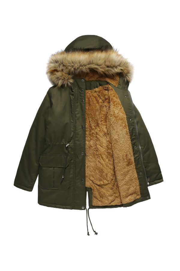 Army Green Fur Collar Drawstring Waist Thickened Mid Coat Cheap