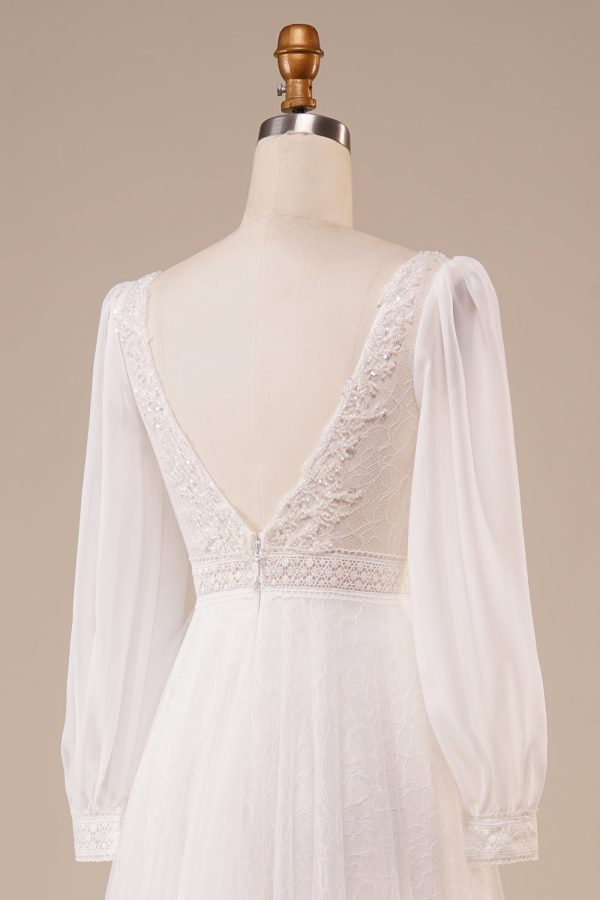 A-Line Tulle Beaded Ivory Wedding Dress with Sleeves Online now