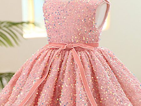 Sparkly Boat Neck Pink Flower Girl Dress Fashion