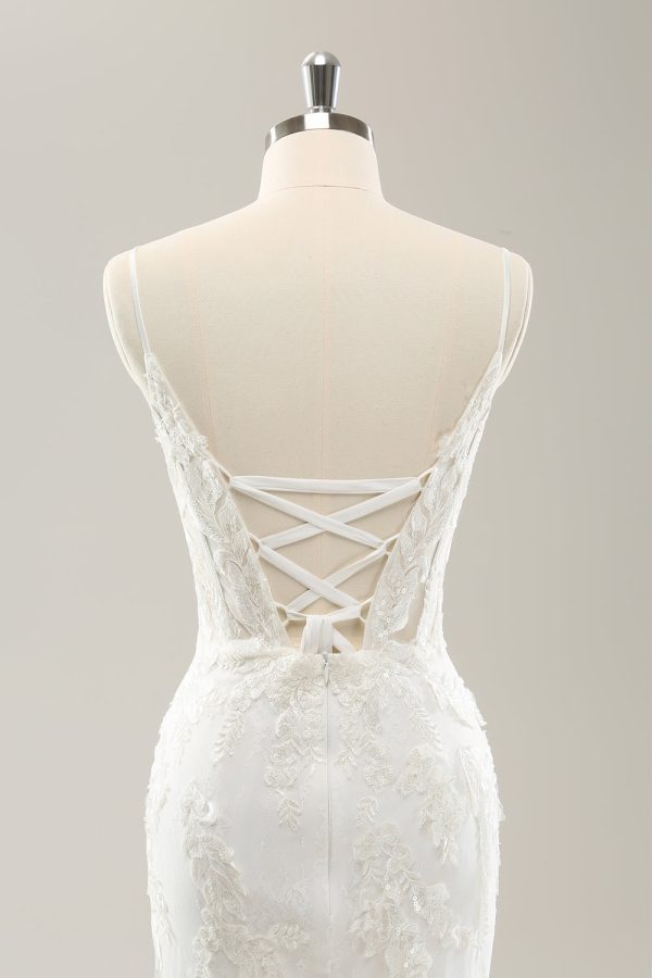 White Mermaid Spaghetti Straps Applique Lace Corset Wedding Dress with Lace-up Back Online Hot Sale