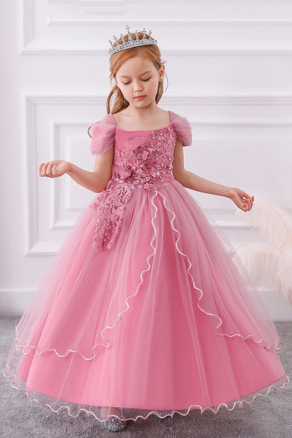 A-Line Beaded Blush Girls Dresses with Appliques Cheap