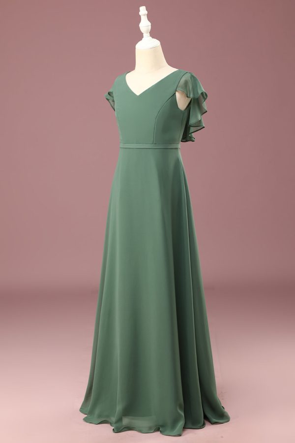 A-line Eucalyptus Chiffon Long Cap Sleeve Junior Bridesmaid Dress For Cheap