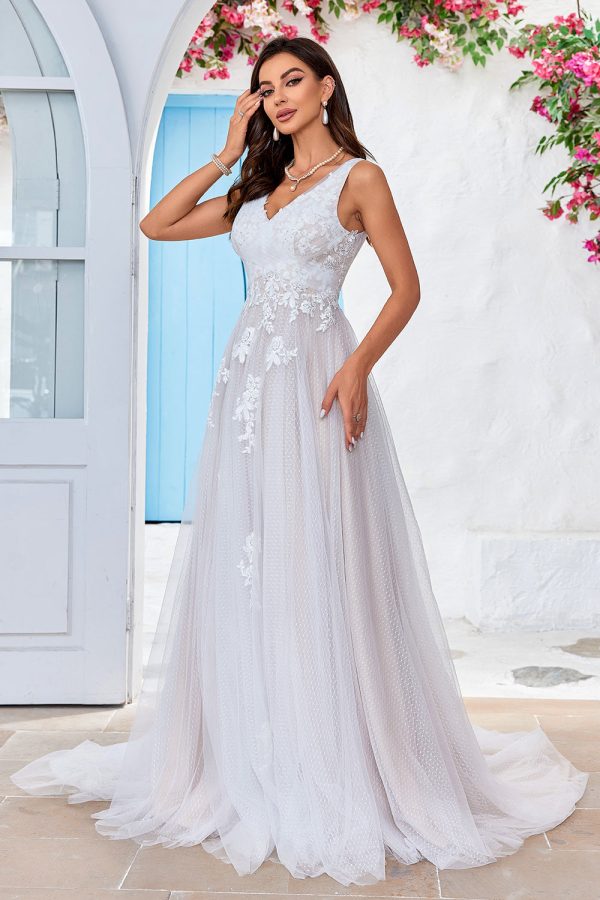 Apricot Tulle Sweep Train A Line Wedding Dress with Lace on Sale