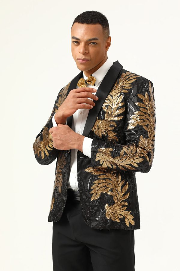 2 Piece Black and Gold Jacquard Sequins Men s Prom Suits For Sale