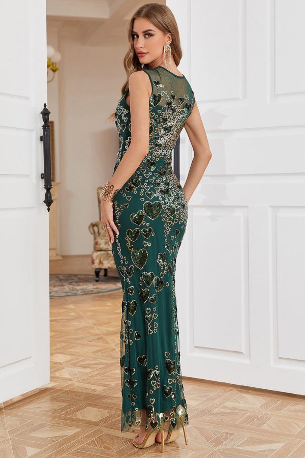 Sheath Round Neck Dark Green Beaded Formal Evening Party Dress For Sale