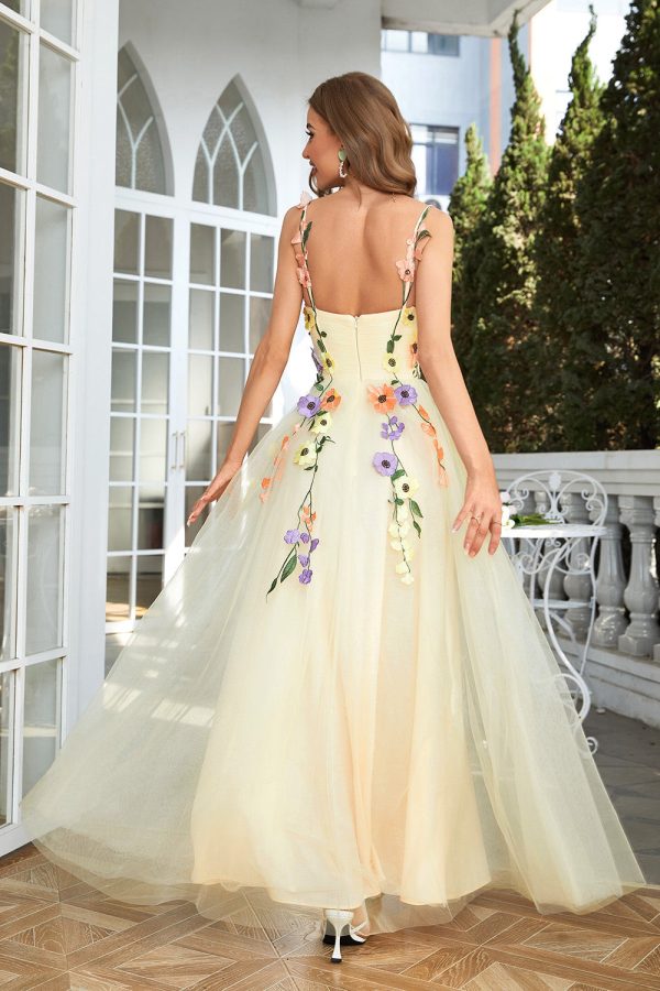 A Line Champagne Spaghetti Straps Prom Dress With 3D Flowers Sale