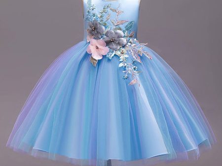 A Line Blue Bowknot Girls Dresses With Appliques For Sale